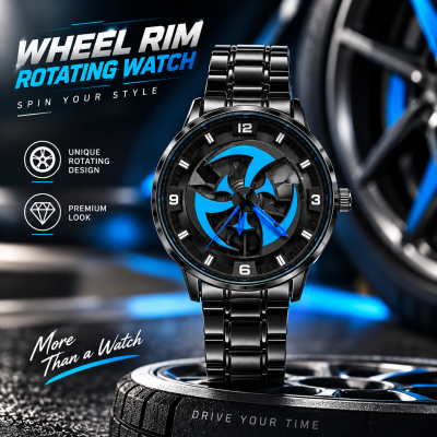 360° Rotating Car Wheel Rim Quartz Watch – Matte Black Metal Sports Wristwatch, 3D Alloy Rim & Brake Disc Dial, Stainless Steel Strap & Scratch-Resistant Glass for Men